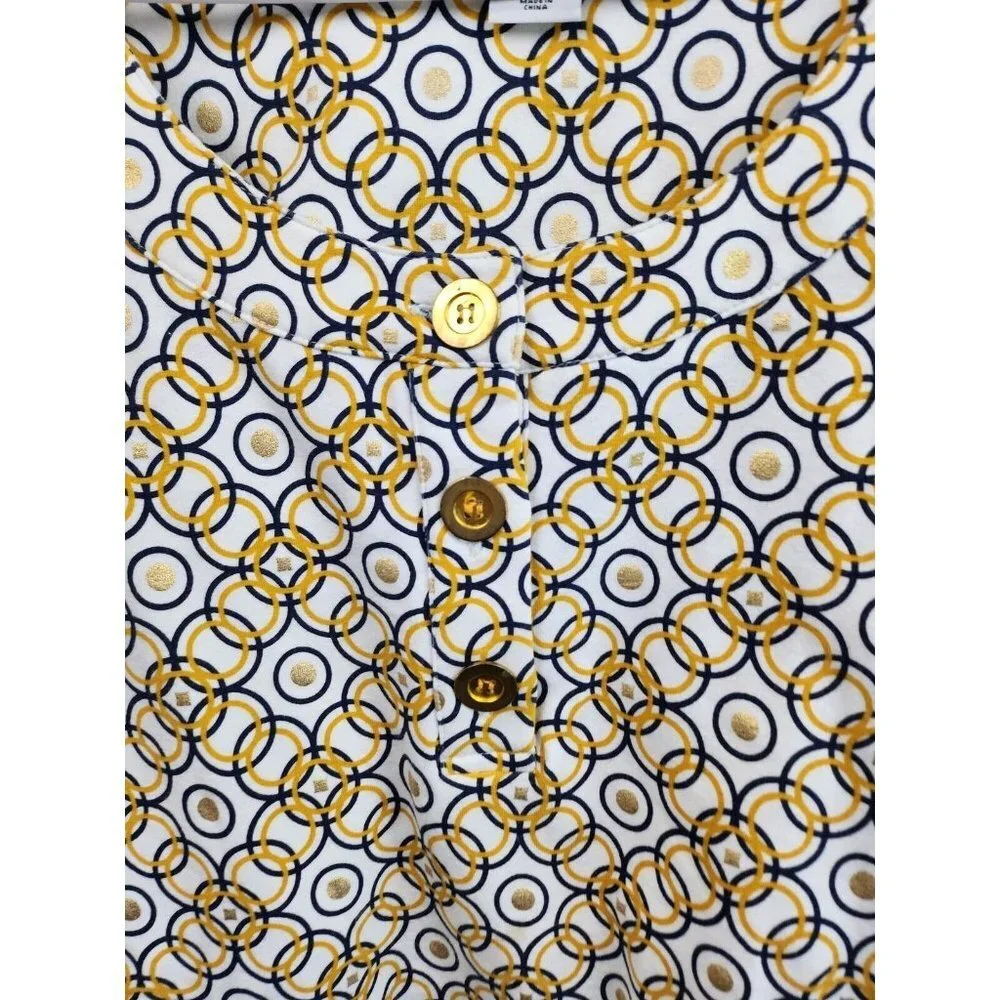 Lark Lane Yellow Blue Circle Print Qortek Button Tab Sleeve Blouse‎ Medium